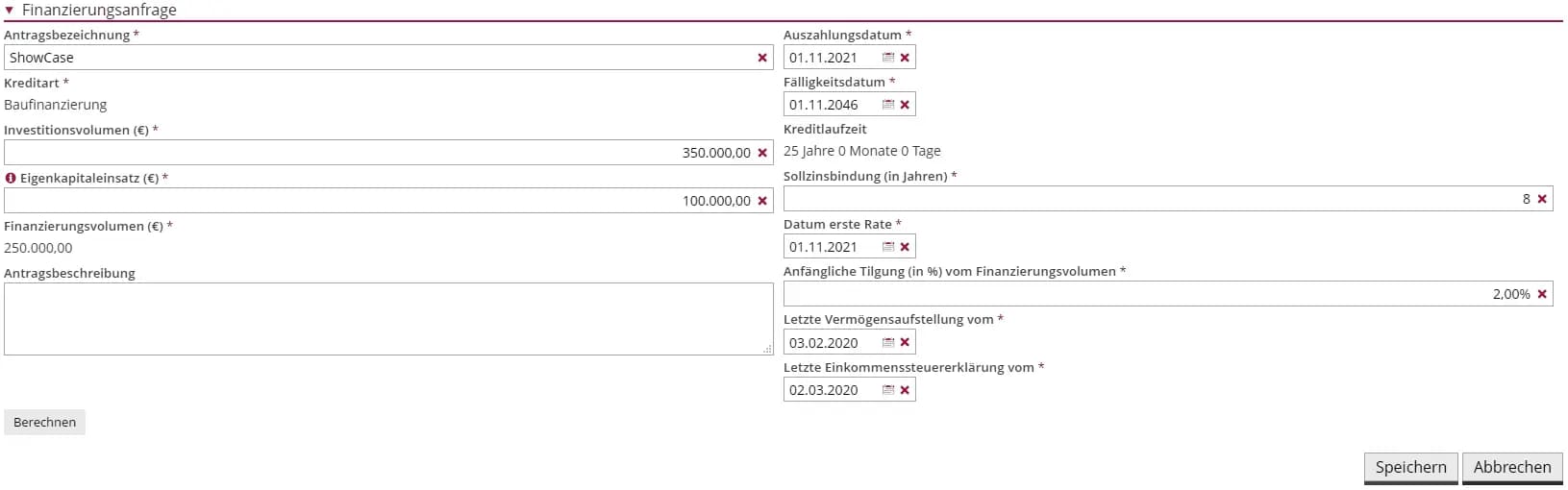 Erfassung der Finanzierungsdaten in CDW 2.0