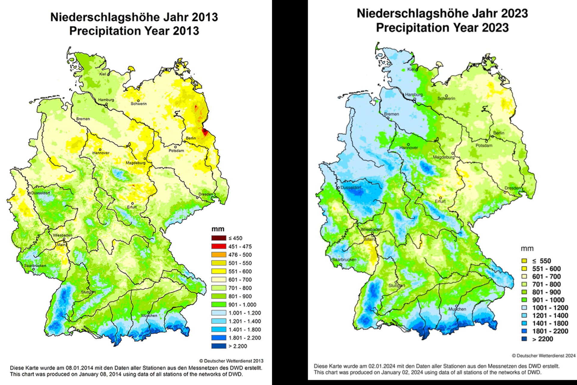 Naturkatastrophen: Vergleich 2013 und 2023 Niederschlagshöhe